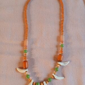 Vintage Orange And Green Beaded Bone Necklace